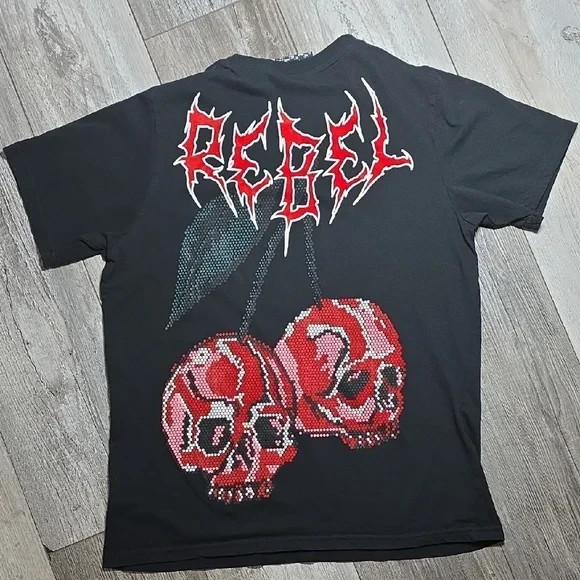 Rebel Vengeance | Cherry Skull Graphic Tee, Velvet-flocked Details 100% Cotton