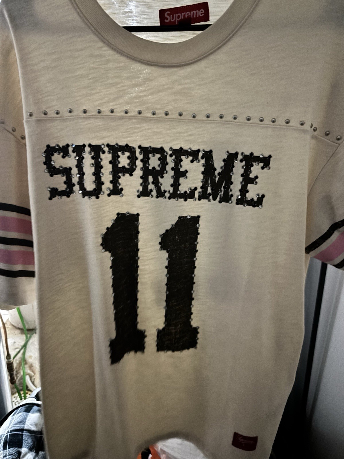 Supreme Men's White Studded Logo Graphic Cotton Knit Crewneck T-Shirt L gallery