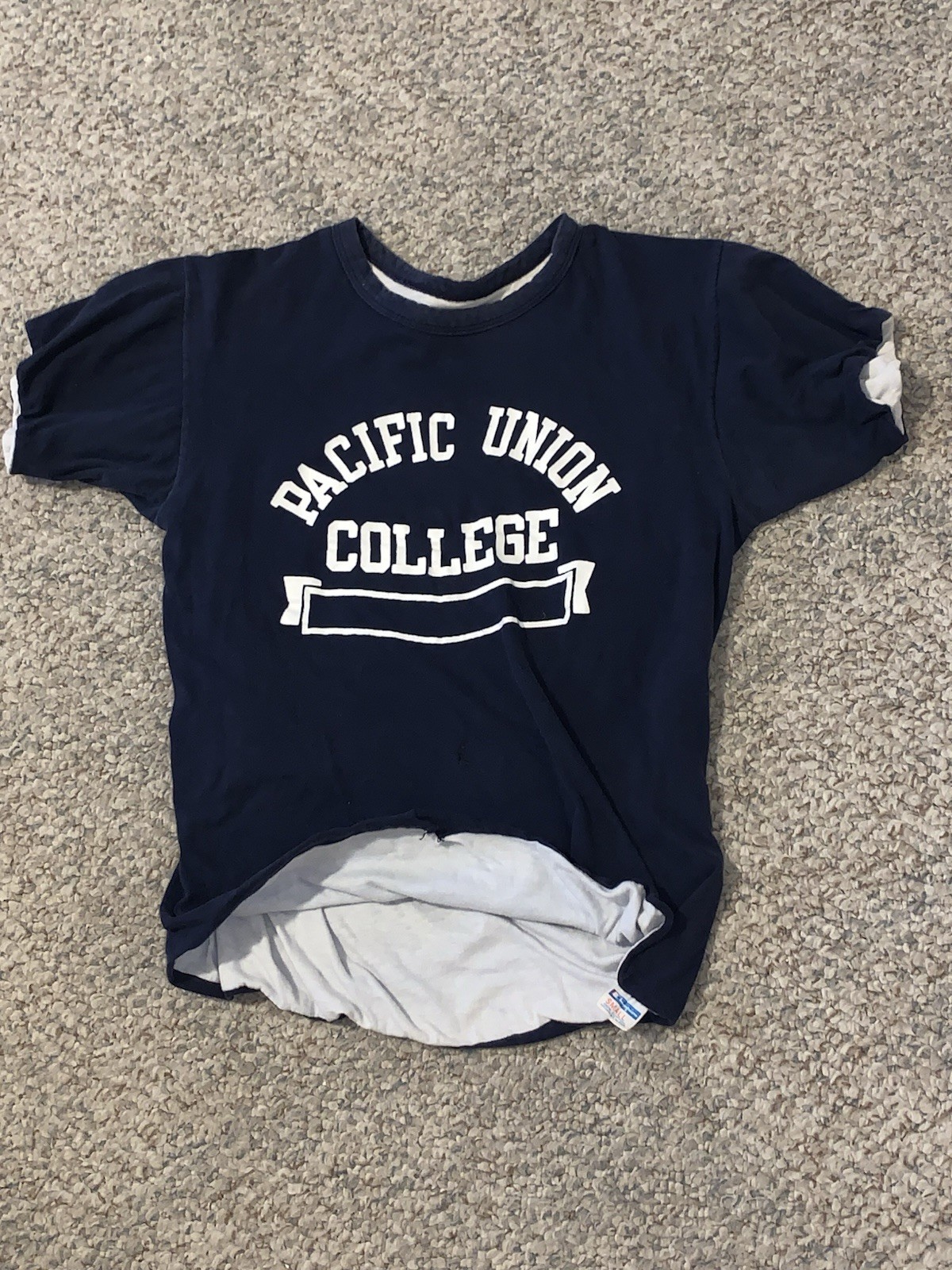 Vtg 70s Champion Reversible Double Face College P.E. Gym T Shirt Sz S Blue Bar gallery