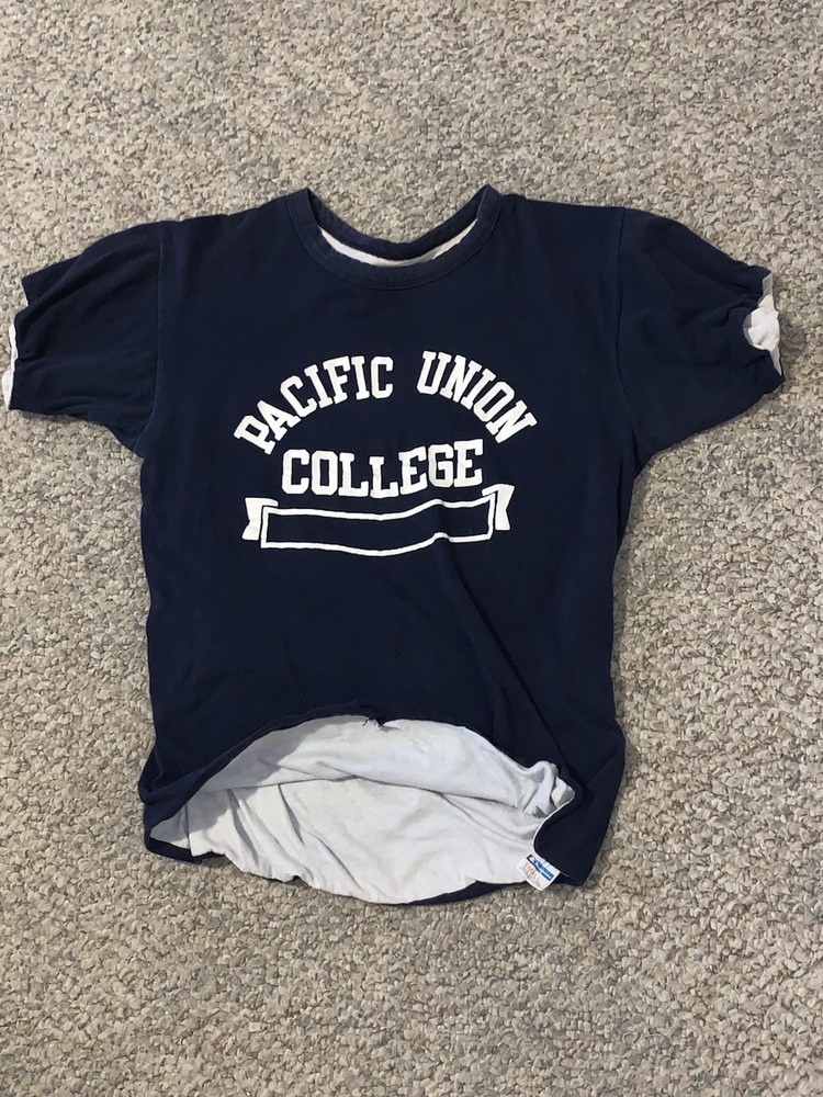 Vtg 70s Champion Reversible Double Face College P.E. Gym T Shirt Sz S Blue Bar