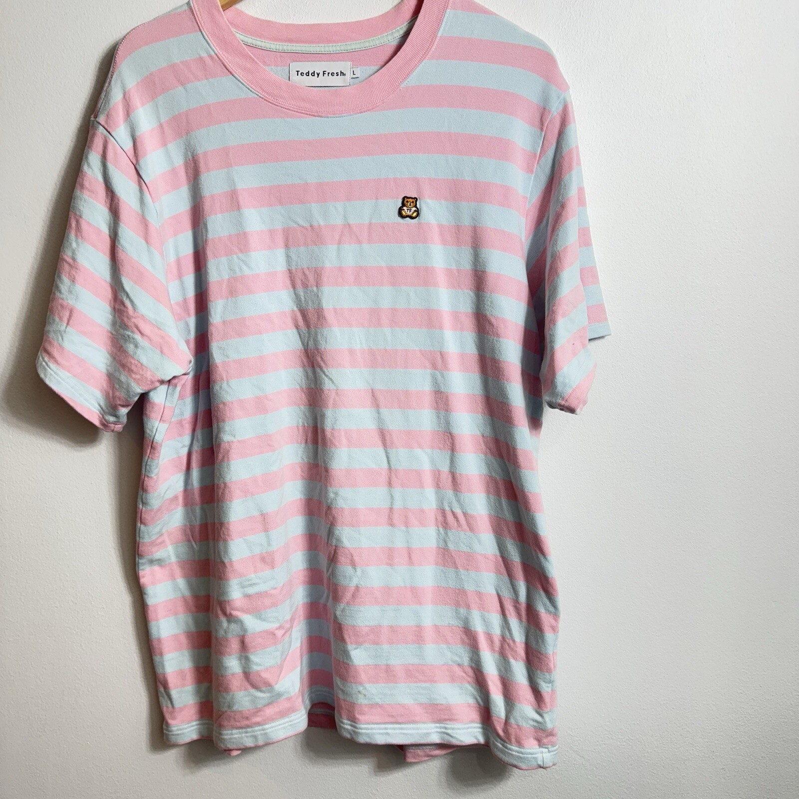 Teddy Fresh Striped Pink and Green Cotton Tee Shirt Size Men’s Large