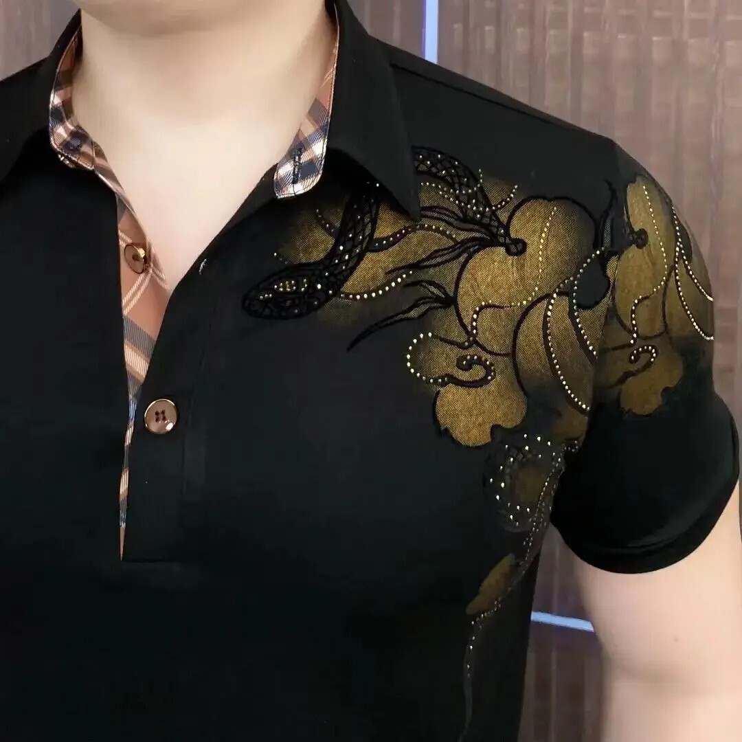 New Men Luxury Diamond Rhinestones Fashion Black Polo T-Shirt High Quality gallery
