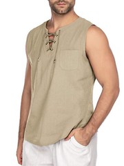 Mens Loose Tank Tops Cotton Linen Sleeveless Lace-up T-shirt Daily Wear Vacation