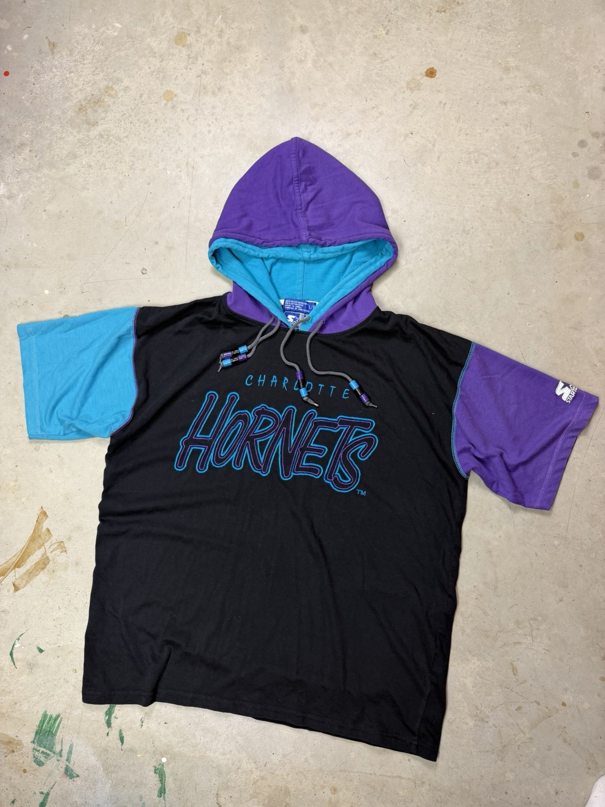 VTG 1990 NBA Charlotte Hornets Double Hood Starter Tee Made In Korea Large