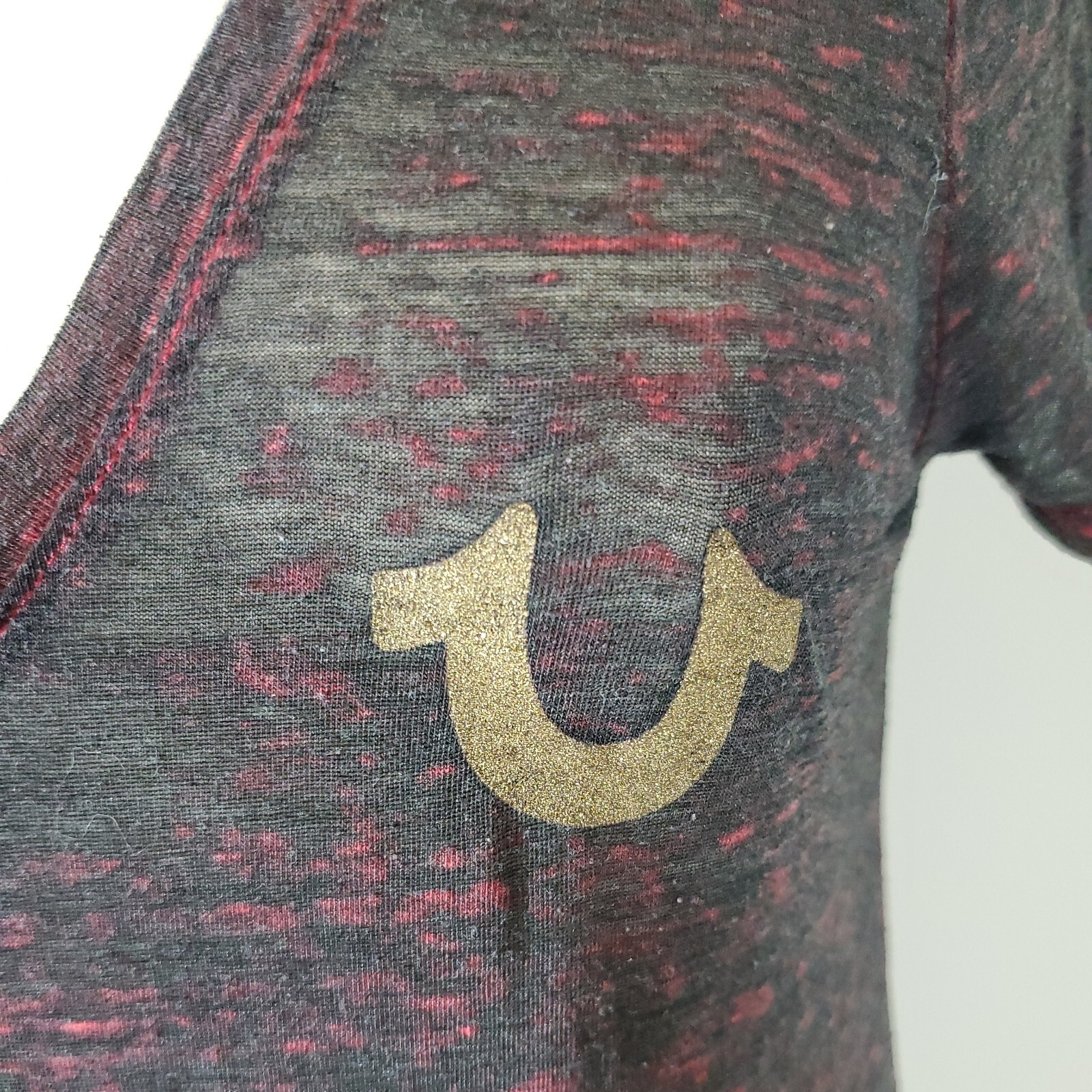 True Religion Womans Small Burn Out T Shirt Top Logo Short Sleeve Semi Sheer gallery