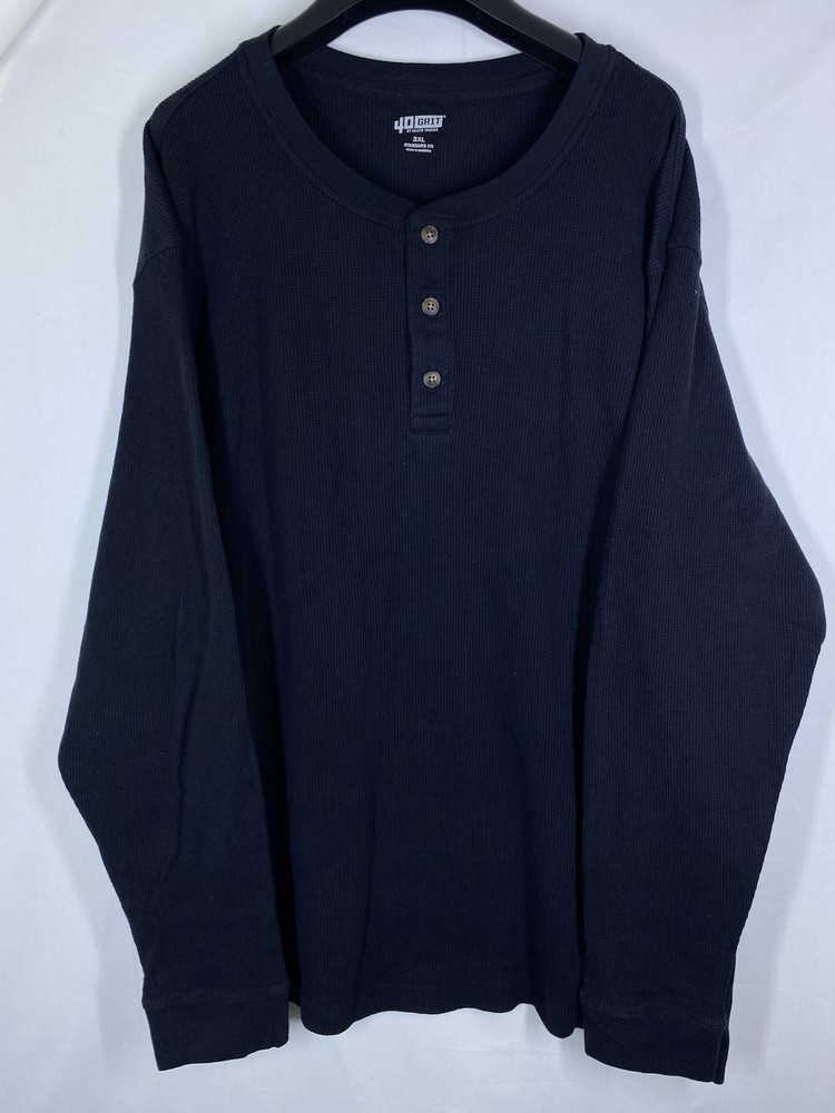 Duluth Henley Mens 3XL Black Waffle Knit Button Long Sleeve Sport Shirt 40 Grit