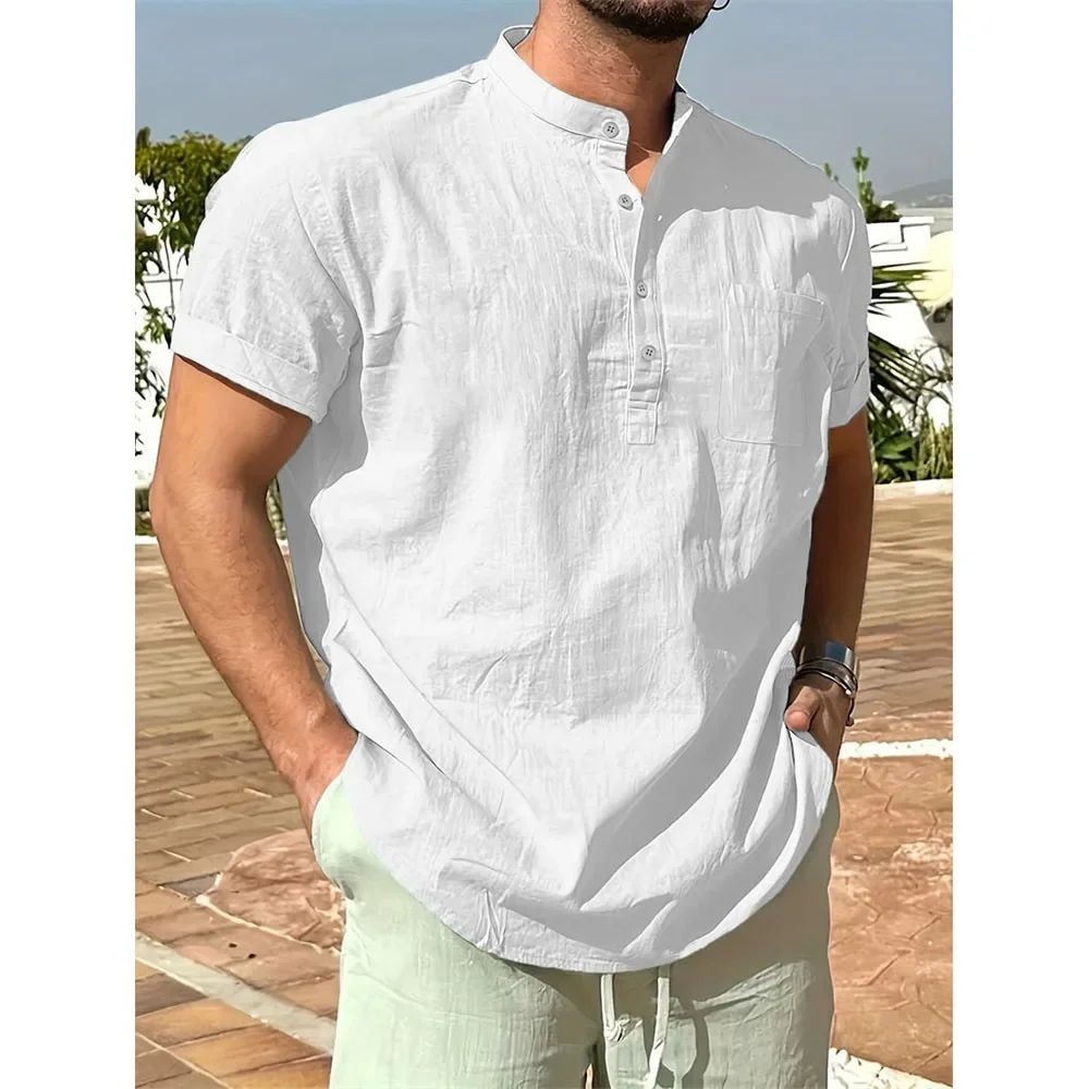 Men’s Cotton Linen Henley Shirt Short Sleeve Casual Summer Pocket Tee