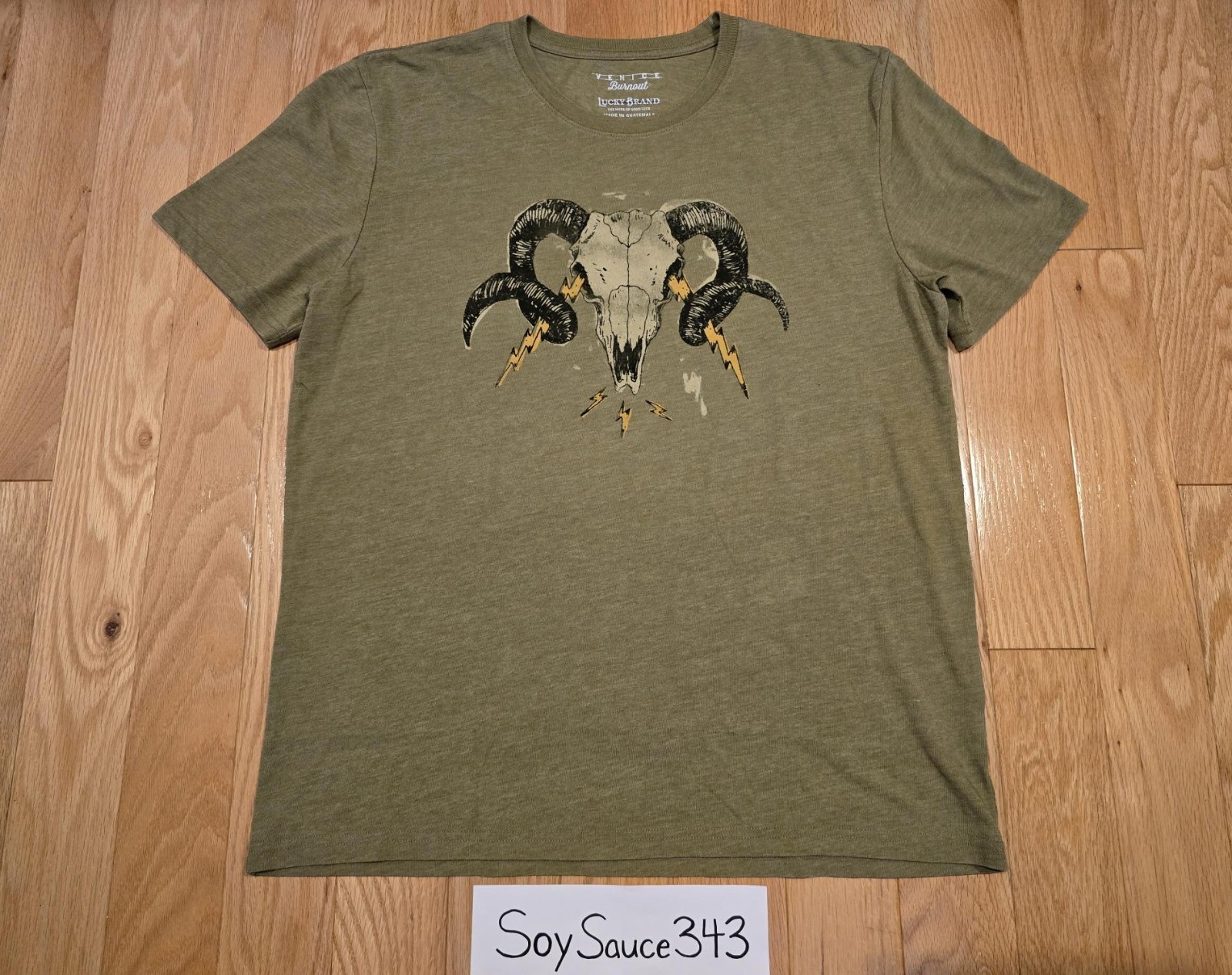 NEW LUCKY BRAND RAM SKULL LIGHTNING OLIVE DRAB GREEN TEE SHIRT SIZES L-XL