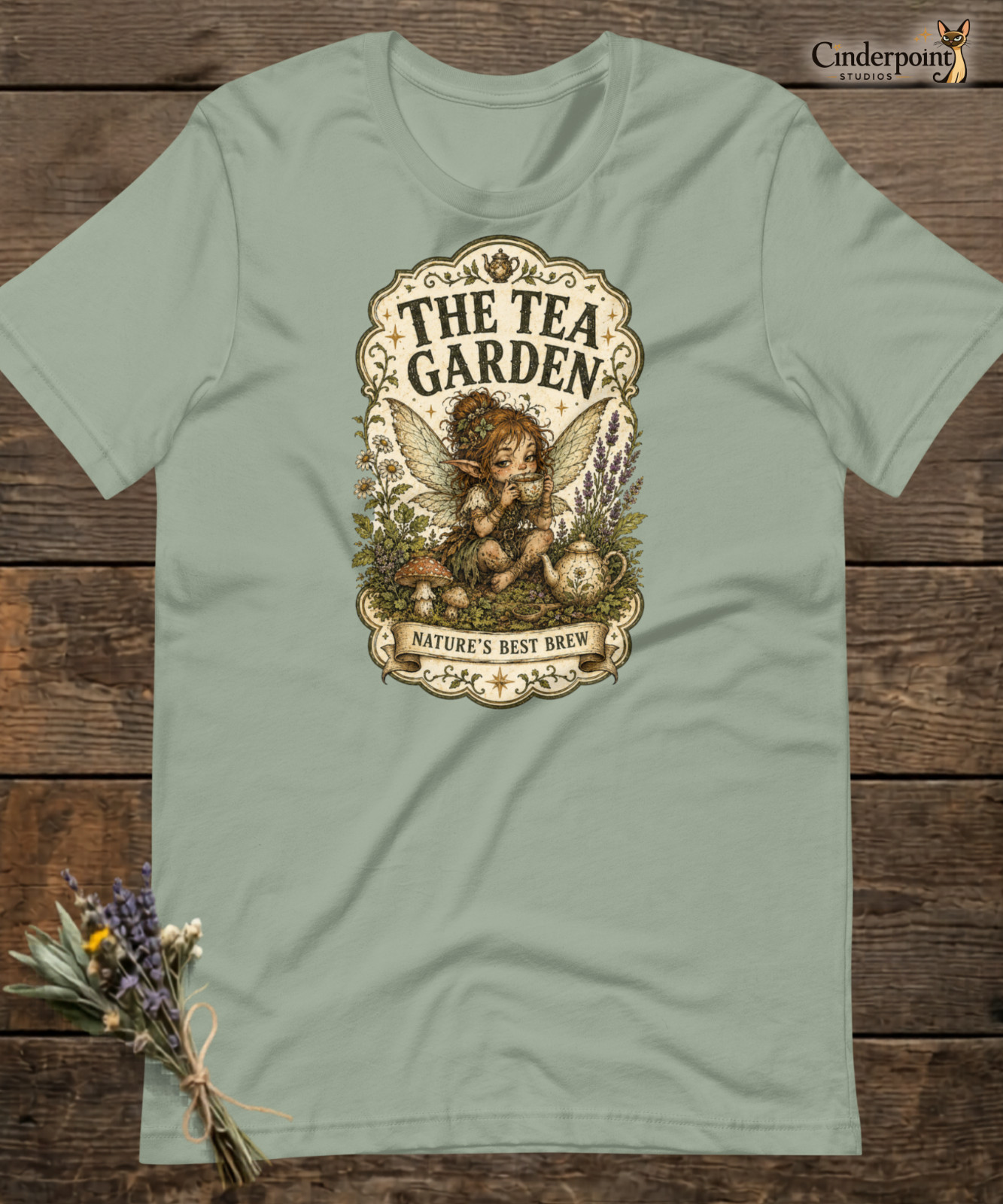 The Tea Garden Fairy T-Shirt Goblincore Fantasy Nature Fae Folk Tee Sage XS-2X gallery