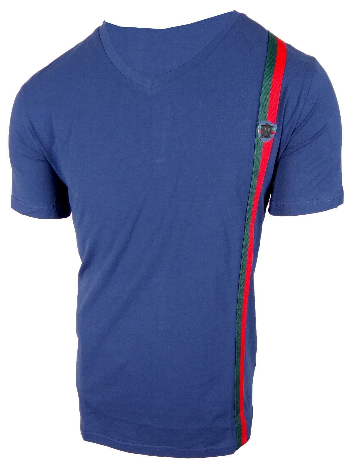 Mens T- Shirt Italian Side Sport Stripe Badge V-Neck Slim Fit Stretch Casual gallery