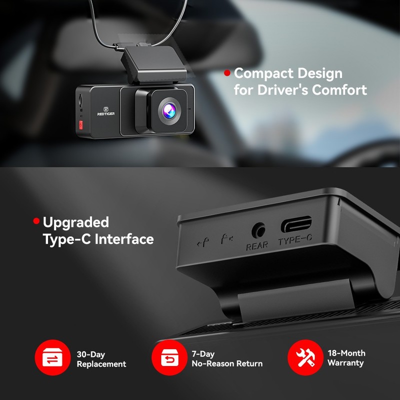 REDTIGER A3 3 Channel Dash Camera 32GB Card With Acc Multi-Size Hardwire Kit