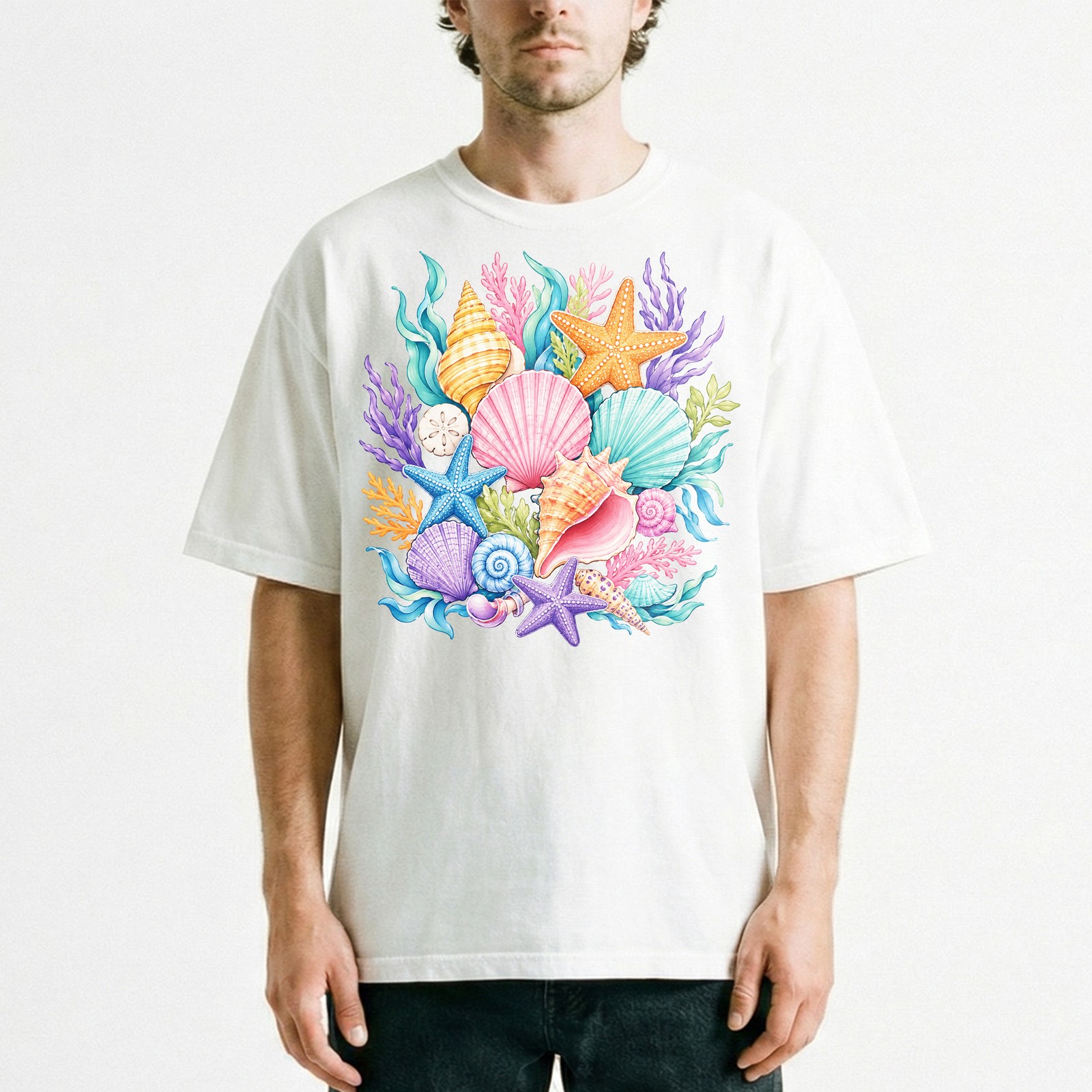 Colorful Seashells Coral Starfish T-Shirt Ocean Beach Summer Tee