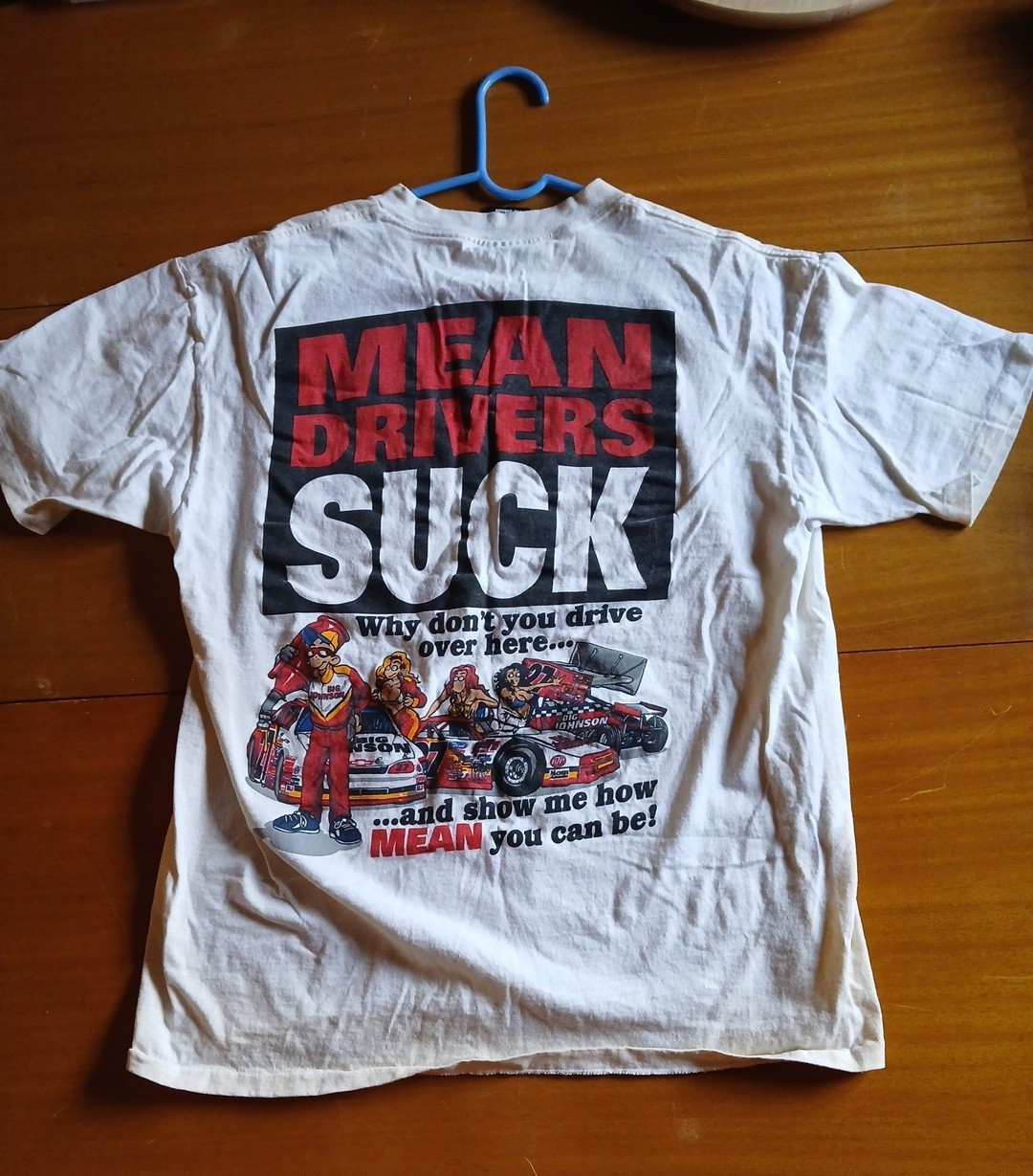VTG Mens Big Johnson Mean Drivers Suck White Graphic T Shirt Tee L Stains READ gallery