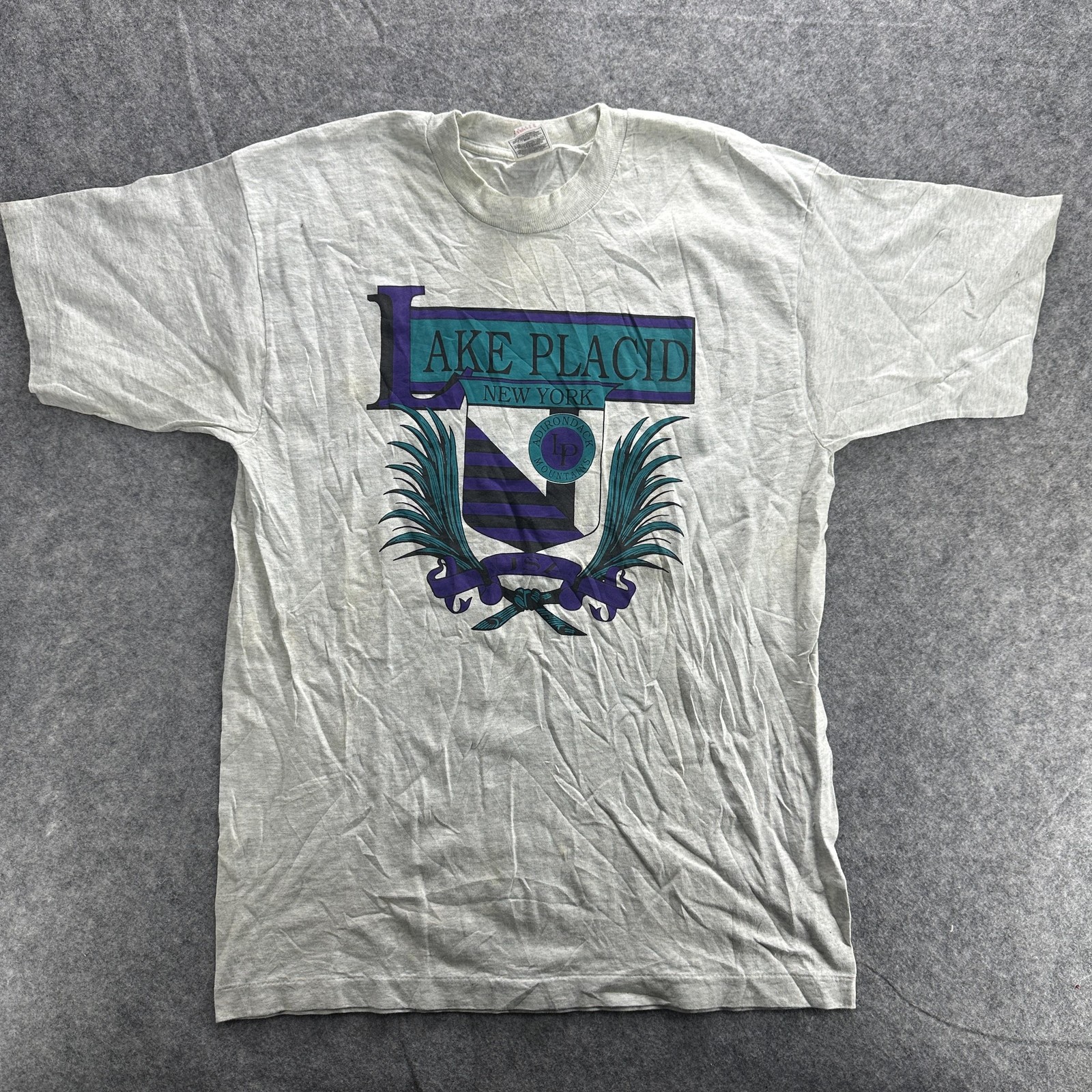 Vintage Lake Placid Shirt Mens Large Gray Adirondack Mountains Crest 90s Tee USA