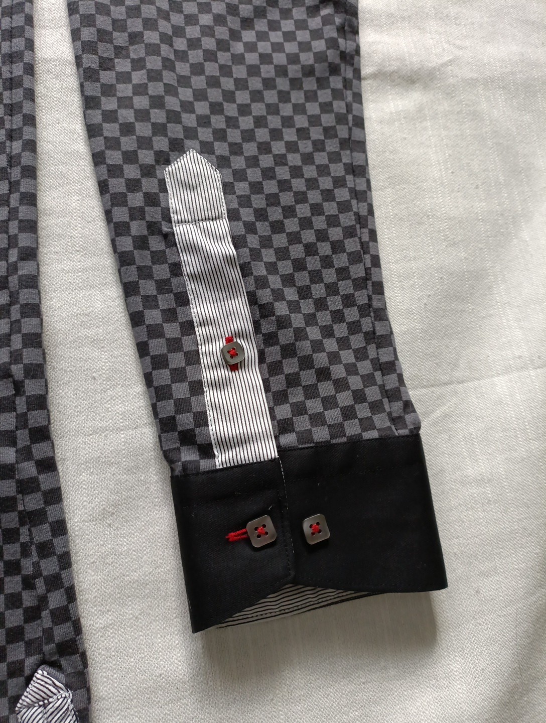 Maceoo Shirt Mens 3 Medium V-Neck Jacquard Square Grey Flip Cuff Roll-up Sleeve gallery