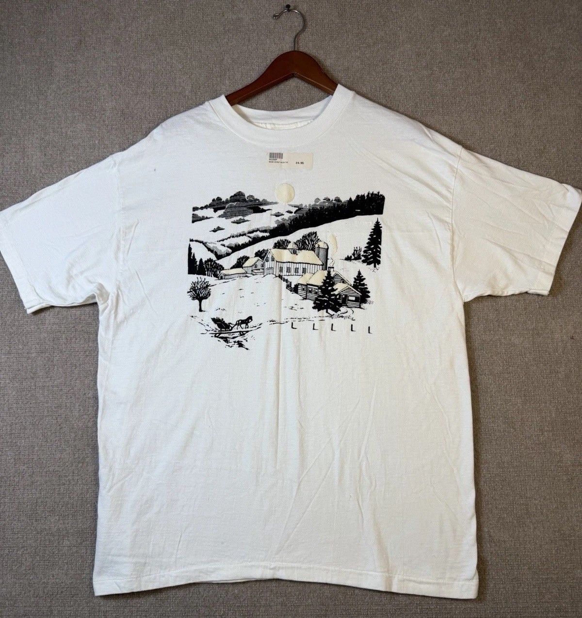 Vintage Single Stitch Flocked Winter Farm Scene Graphic T Shirt XL USA Rare