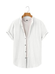Men’s Stand Collar Textured Short Sleeve Button-Down Casual Summer Shirt