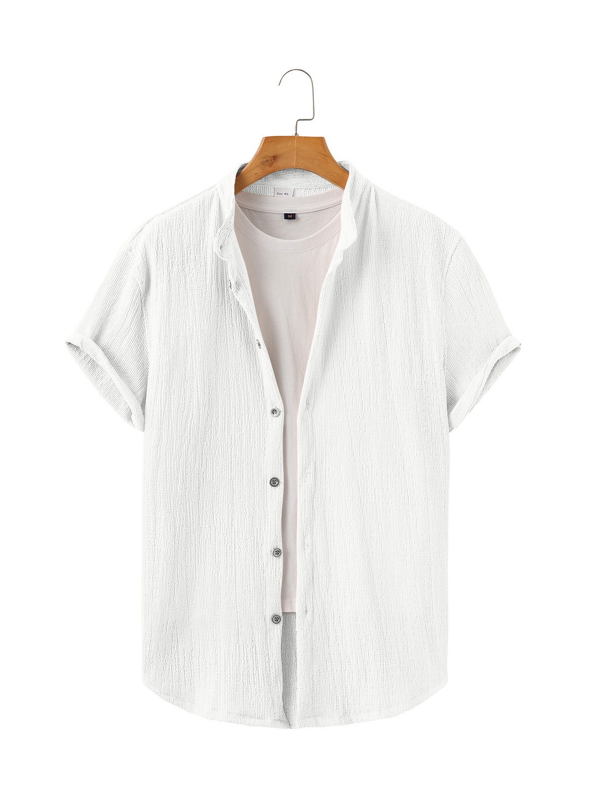 Men's Stand Collar Textured Short Sleeve Button-Down Casual Summer Shirt gallery