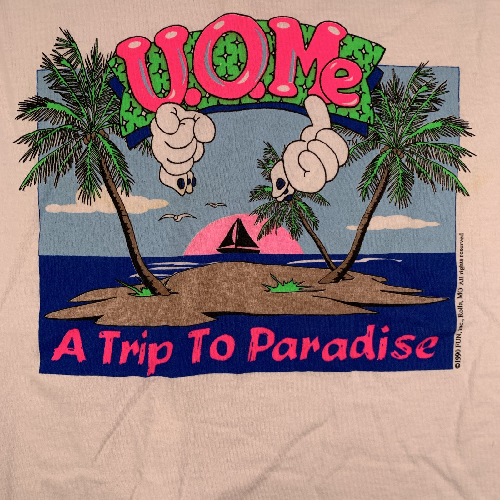 U.O.Me A Trip To Paradise Vacation Beach Ocean Vintage 1990 T-Shirt Size XL gallery