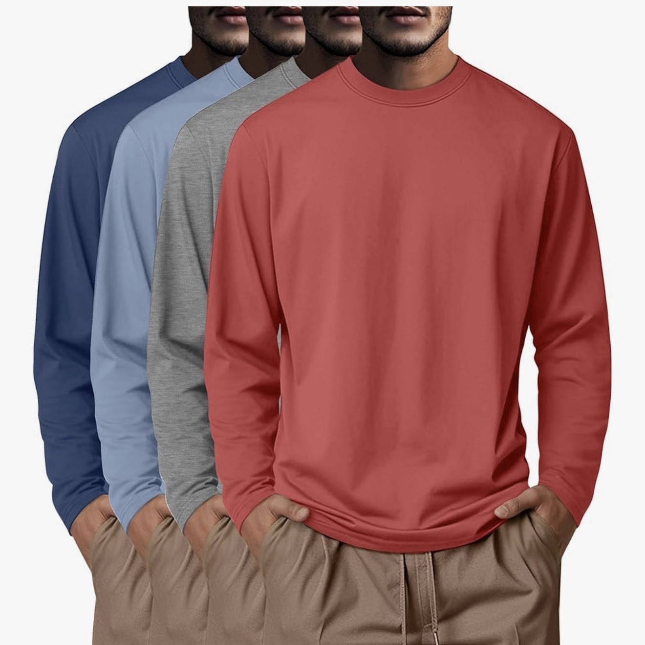NEER Men's XL Long Sleeve Cotton Crew Neck Solid T-Shirt Gray Blue Red gallery