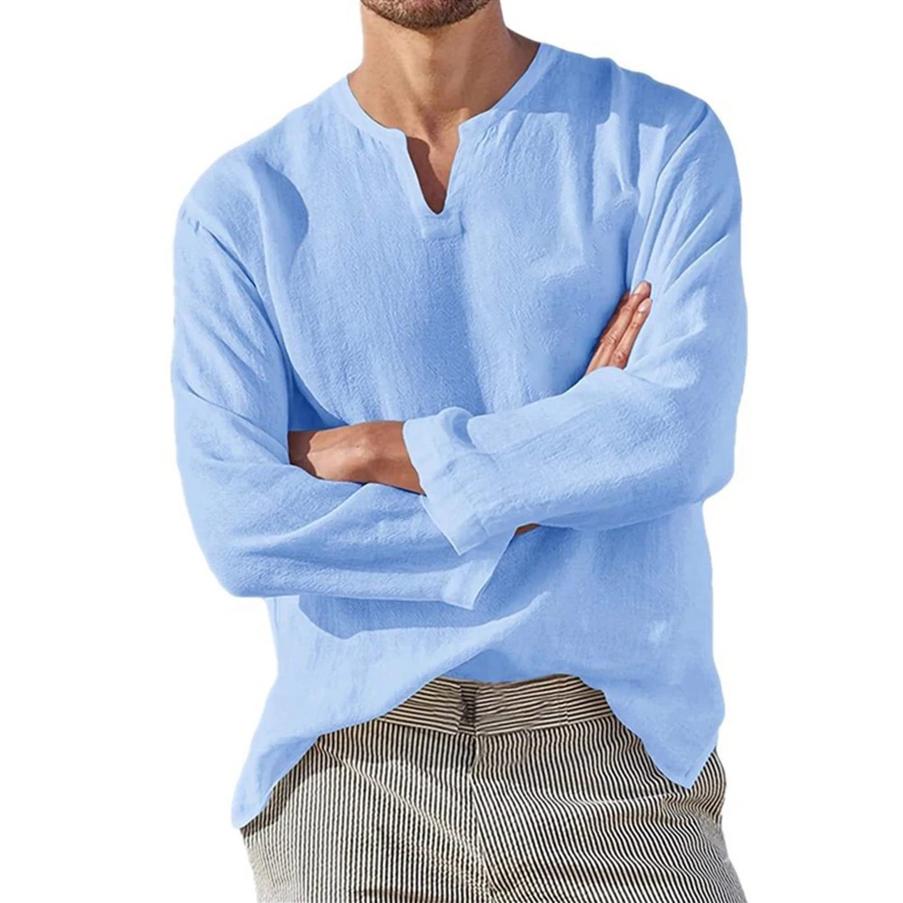 Breathable Cotton Linen Men's V-Neck Long Sleeve Casual Summer Shirt Top Premium gallery