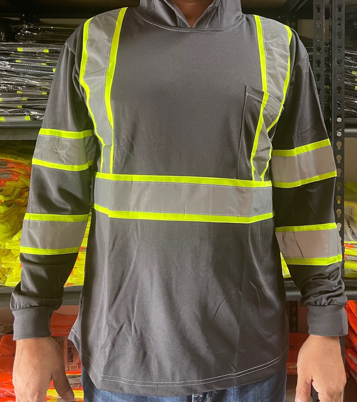 Hoodie Grey High Visibility Safety Shirt With Reflective Stripes gallery
