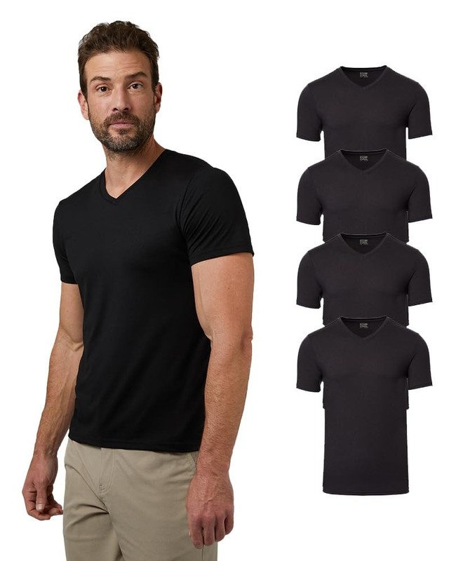32 Degrees Mens 4 Pack Cool V-Neck T-Shirt | Anti-Odor | Quick Large, Black