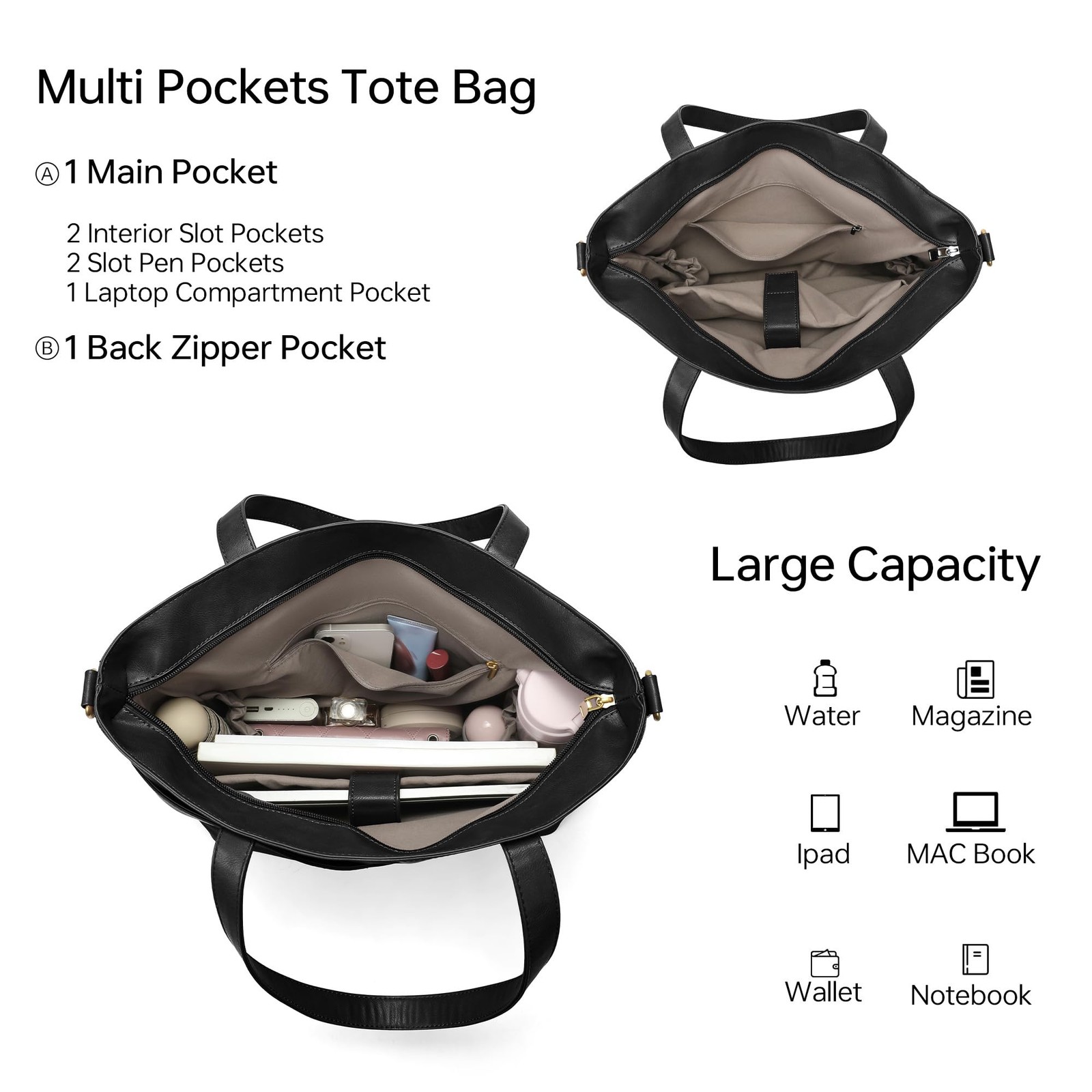 Leather Tote Bag for Women Zipper Shoulder Bag Purses Satchel Handbags with L... gallery