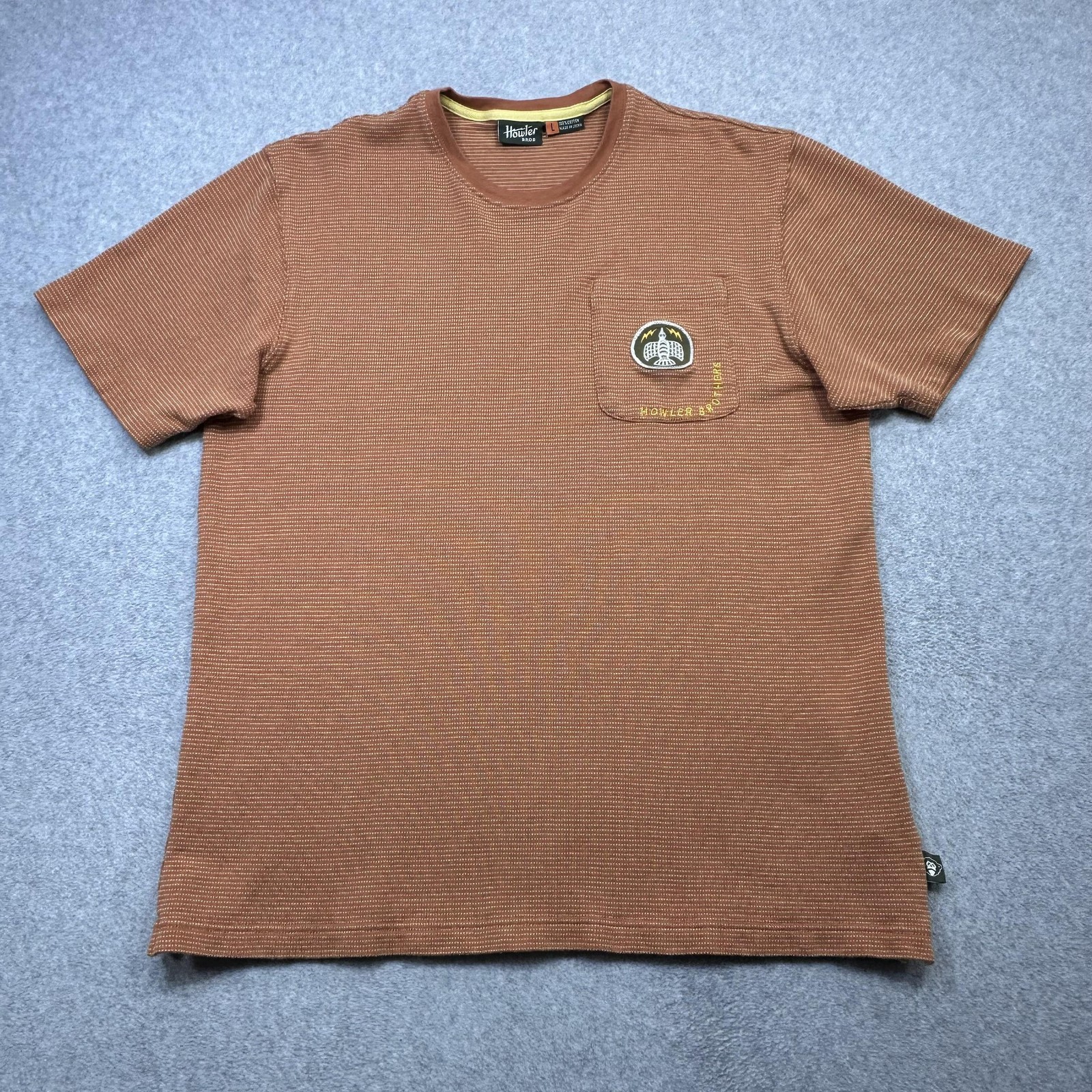 Howler Brothers Shirt Mens Large Orange Striped Textured Pocket Patch Tee gallery