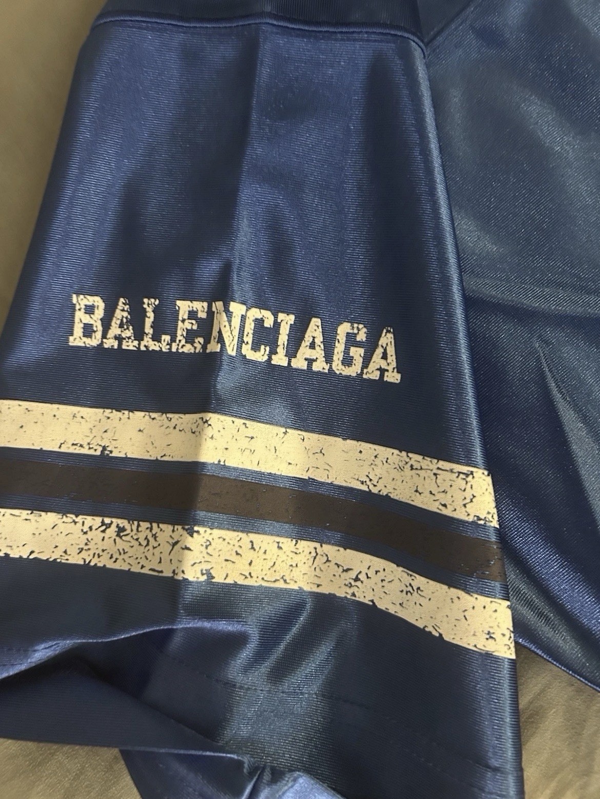 Balenciaga Men's L Blue/White Logo V-Neck Short Sleeve Satin T-Shirt gallery