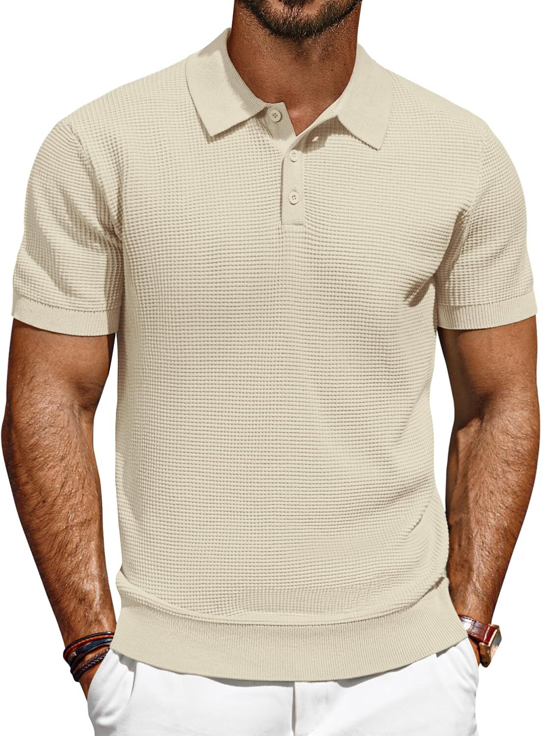 Men's Short Sleeve Polo Shirt Casual Golf Wear Lightweight Waffle Knit Fabric gallery