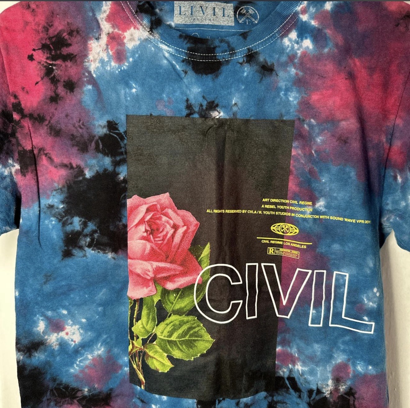 Civil Men’s S Blue/Pink/Black Tie-Dye Logo Graphic Crew Neck T-Shirt gallery