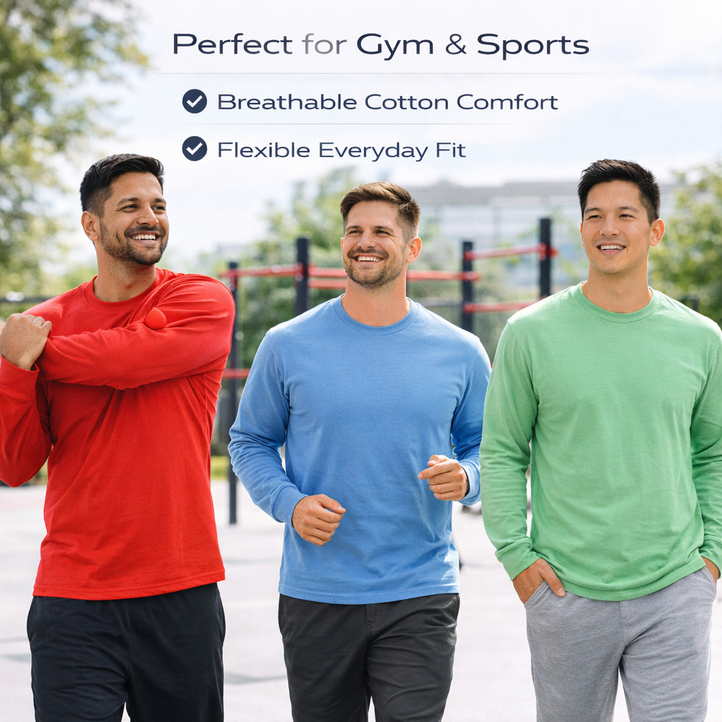 BILLIONHATS Mens Long Sleeve Colorful T-Shirts, 100% Cotton -Crew Neck Bulk Tees gallery