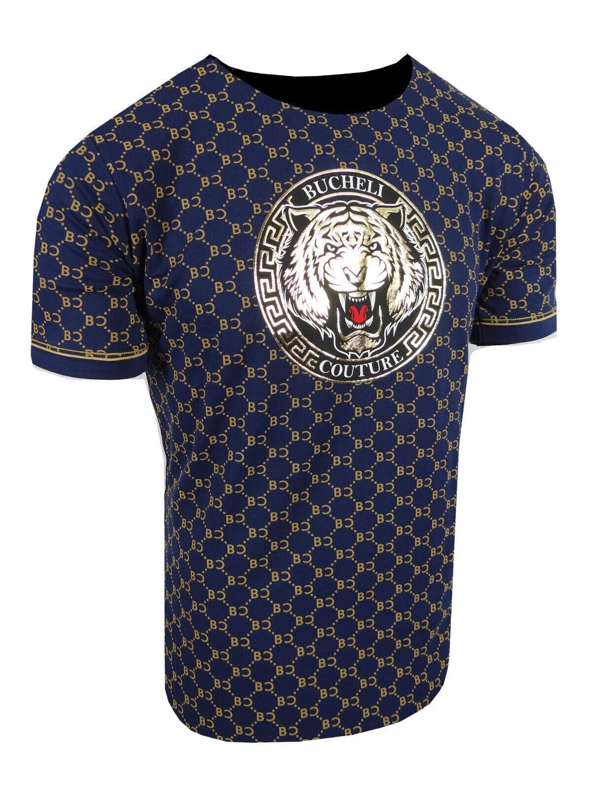 Designer T-Shirt Blue Bucheli Italian Logo Stripe Men Shiny Gold Tiger Slim Fit gallery