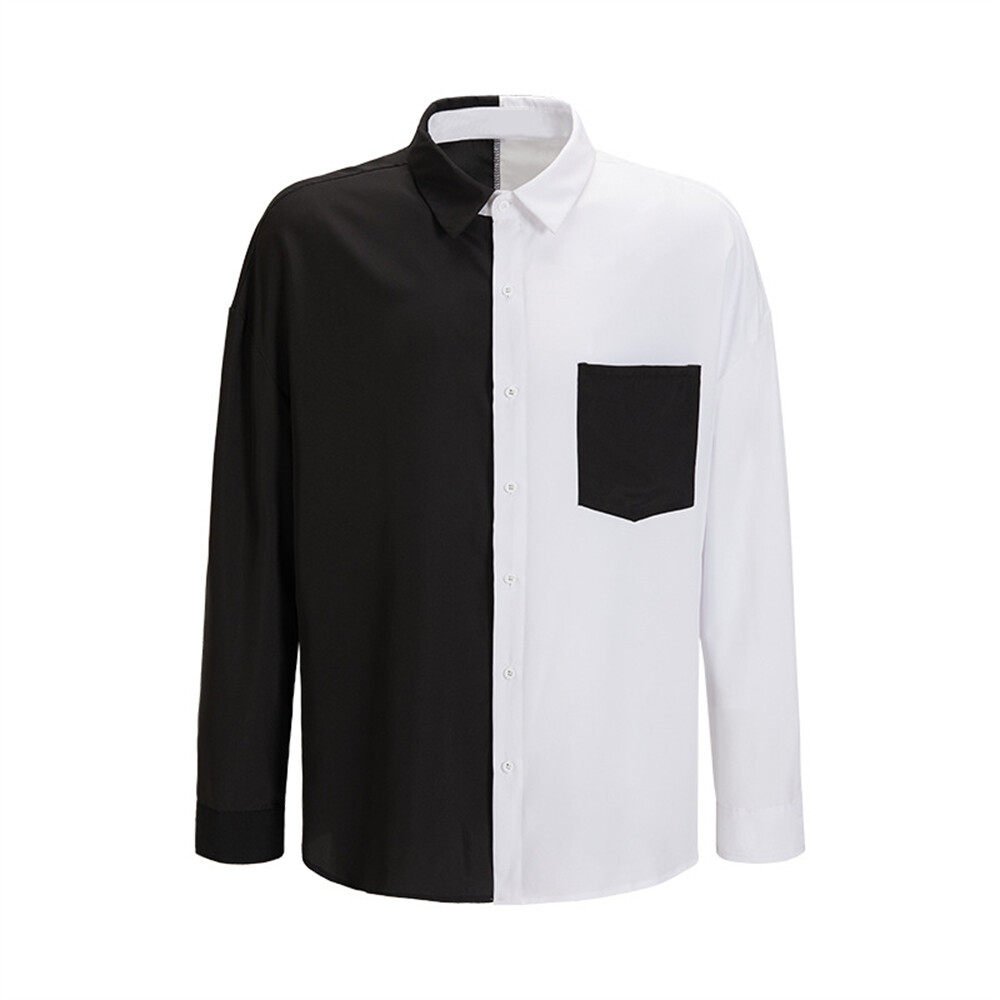 Men Black White Shirt Casual Slim Shirts Long Sleeve Button Down Top Blouse