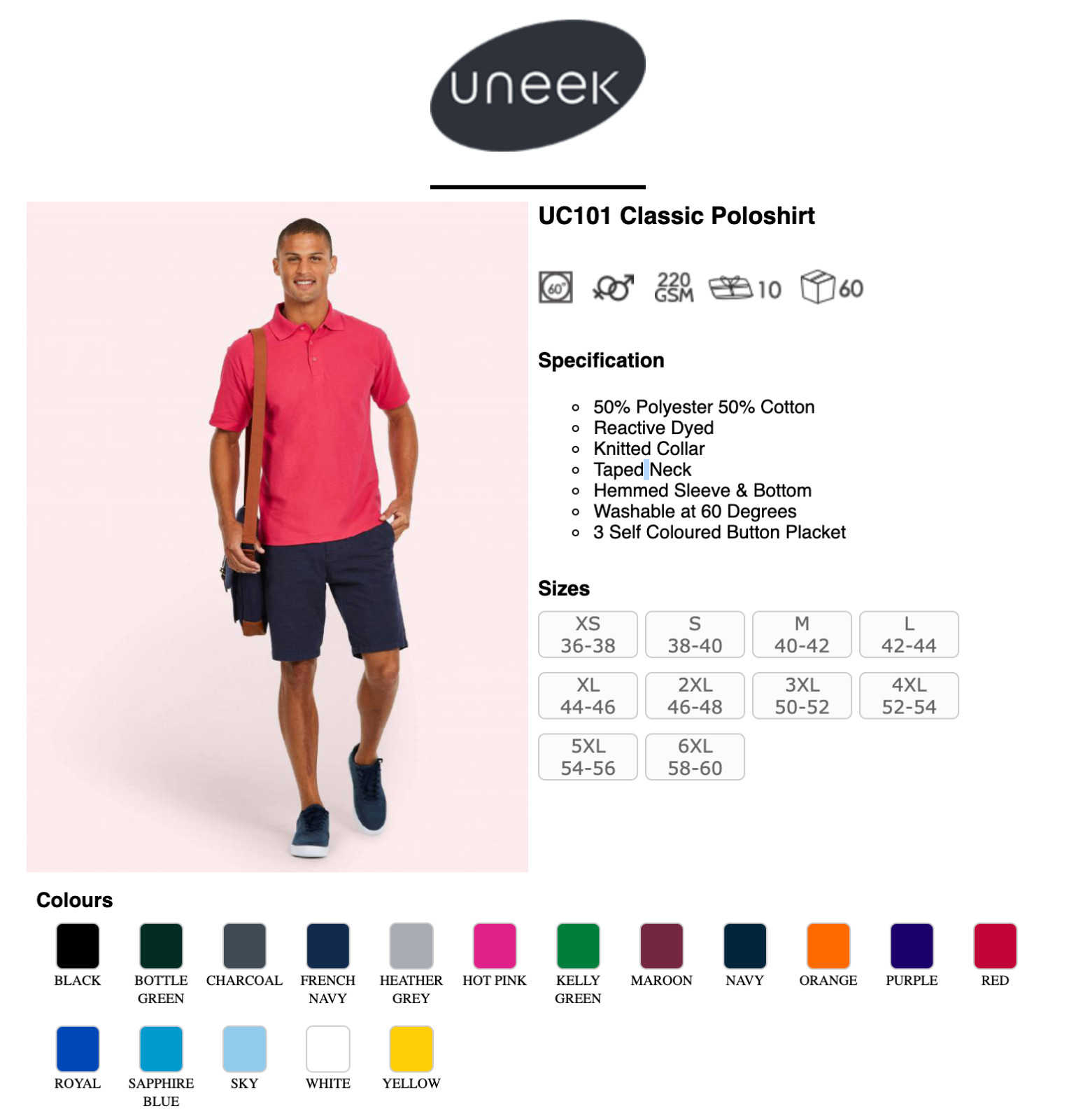 Uneek New Mens & Womens Classic Polo Shirt Casual Sports Size XS - 6XL Poloshirt gallery