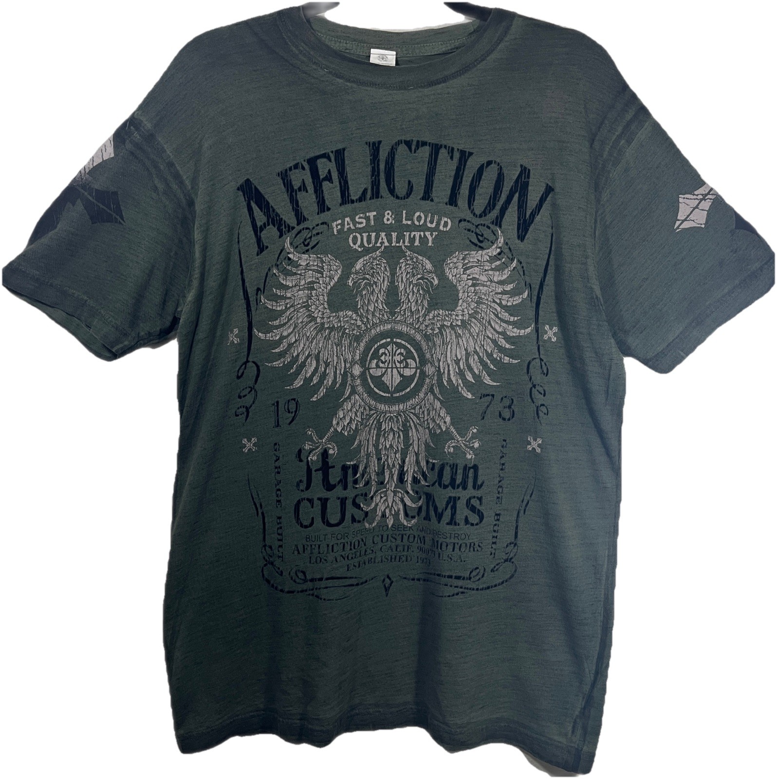 Men's Affliction Military Green Reversible Short Sleeve Shirt Size Large gallery