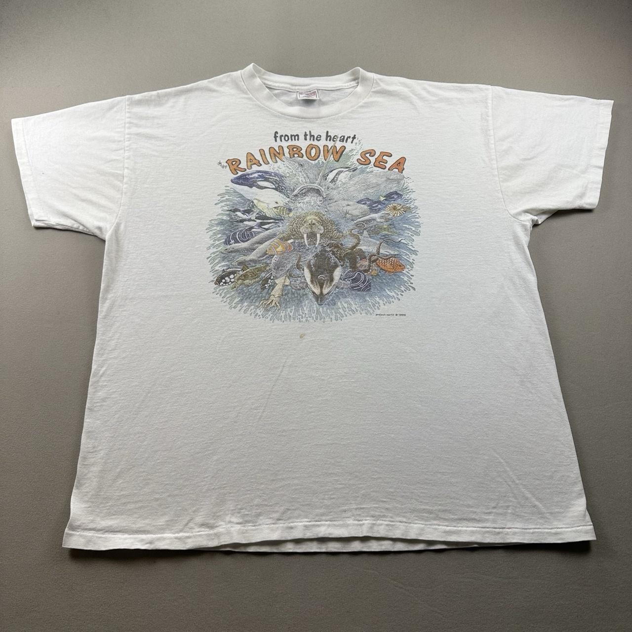 Vintage Ocean Nature T-Shirt Mens XL White Rainbow Sea Earth Marine Life Art 90s