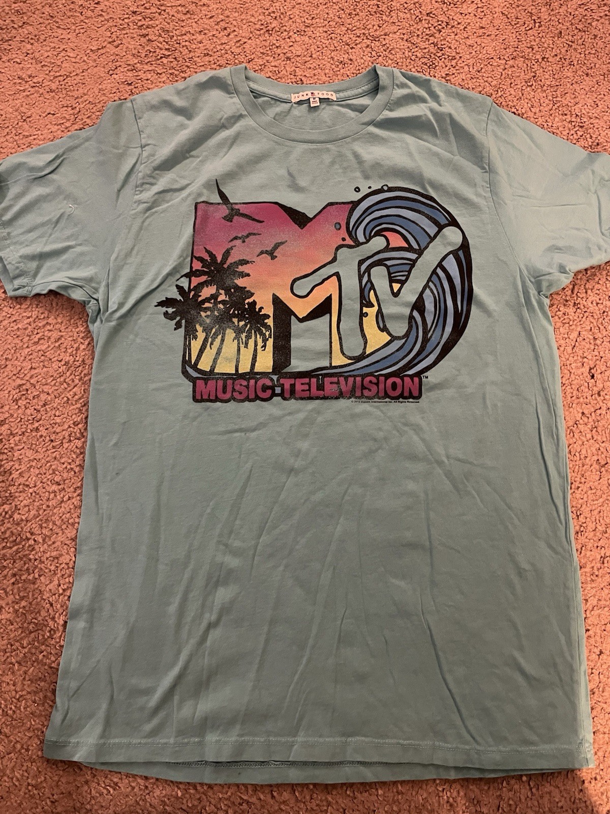 MTV Classic Tropical Wave Logo T-Shirt Size Medium Beach Sunset Bright Teal gallery