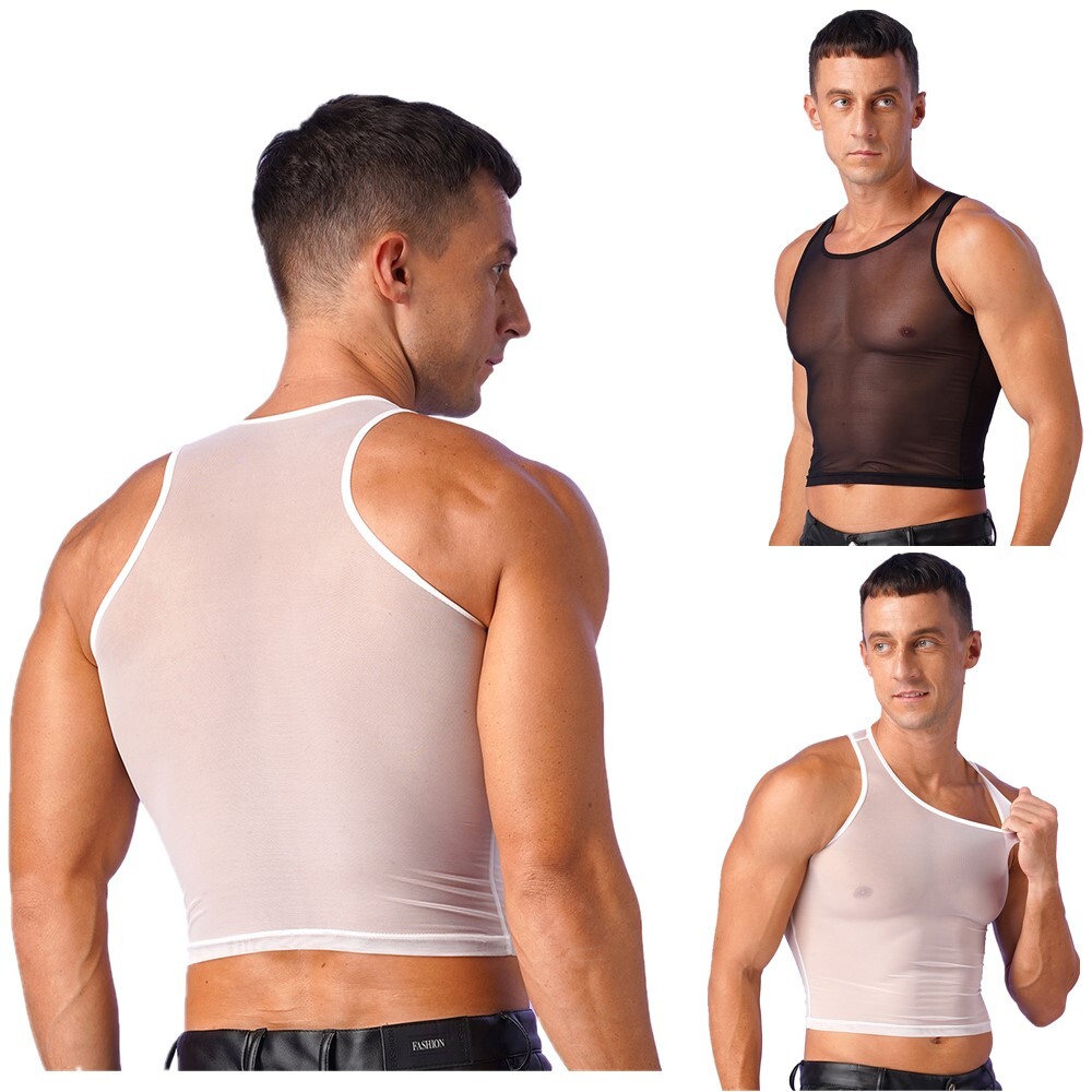 Men's Tank Top Sleeveless Crop Tops Mesh Blouse U Neck Vests Club T-shirts Sexy gallery