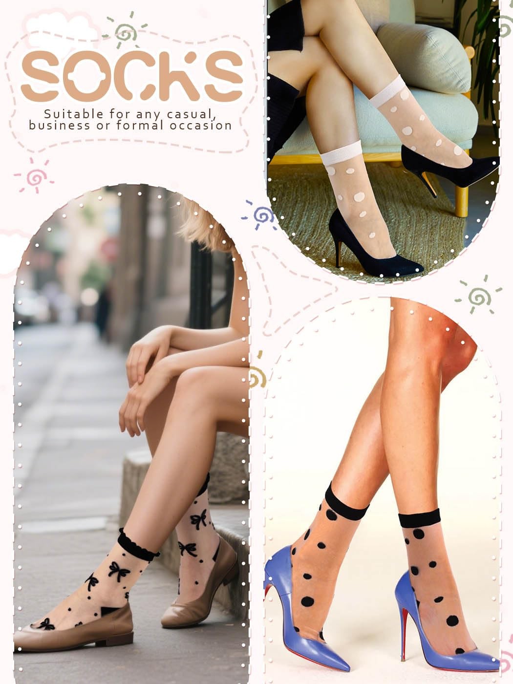 Women Sheer Ankle Socks Polka Dot And Bow Pattern 4 Pairs Black And White Mix gallery