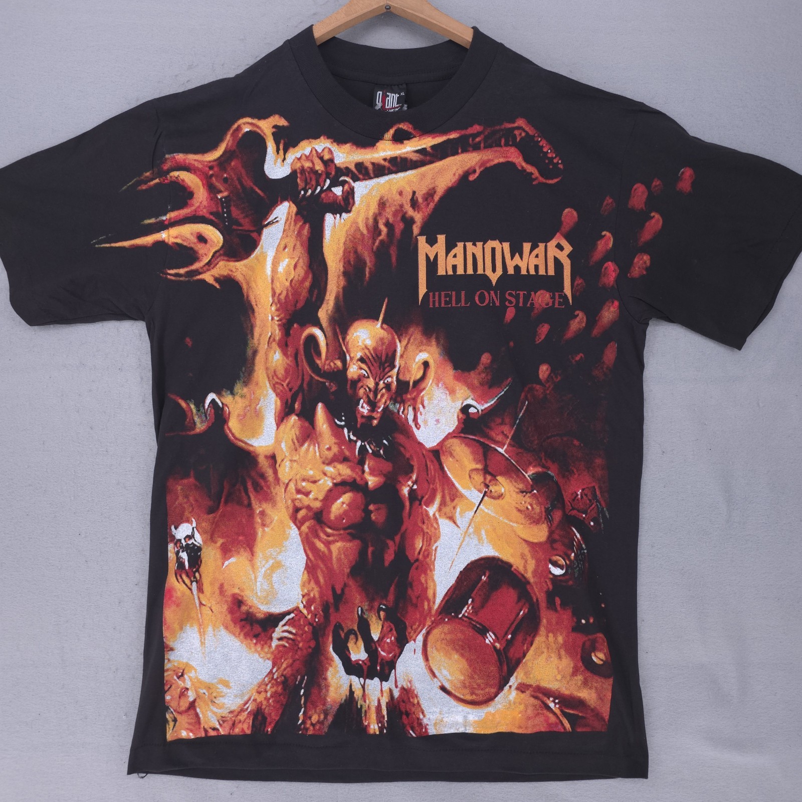 Vintage Manowar Hell On Stage Shirt Mens XL REPRINT AOP All Over Print Band 90s