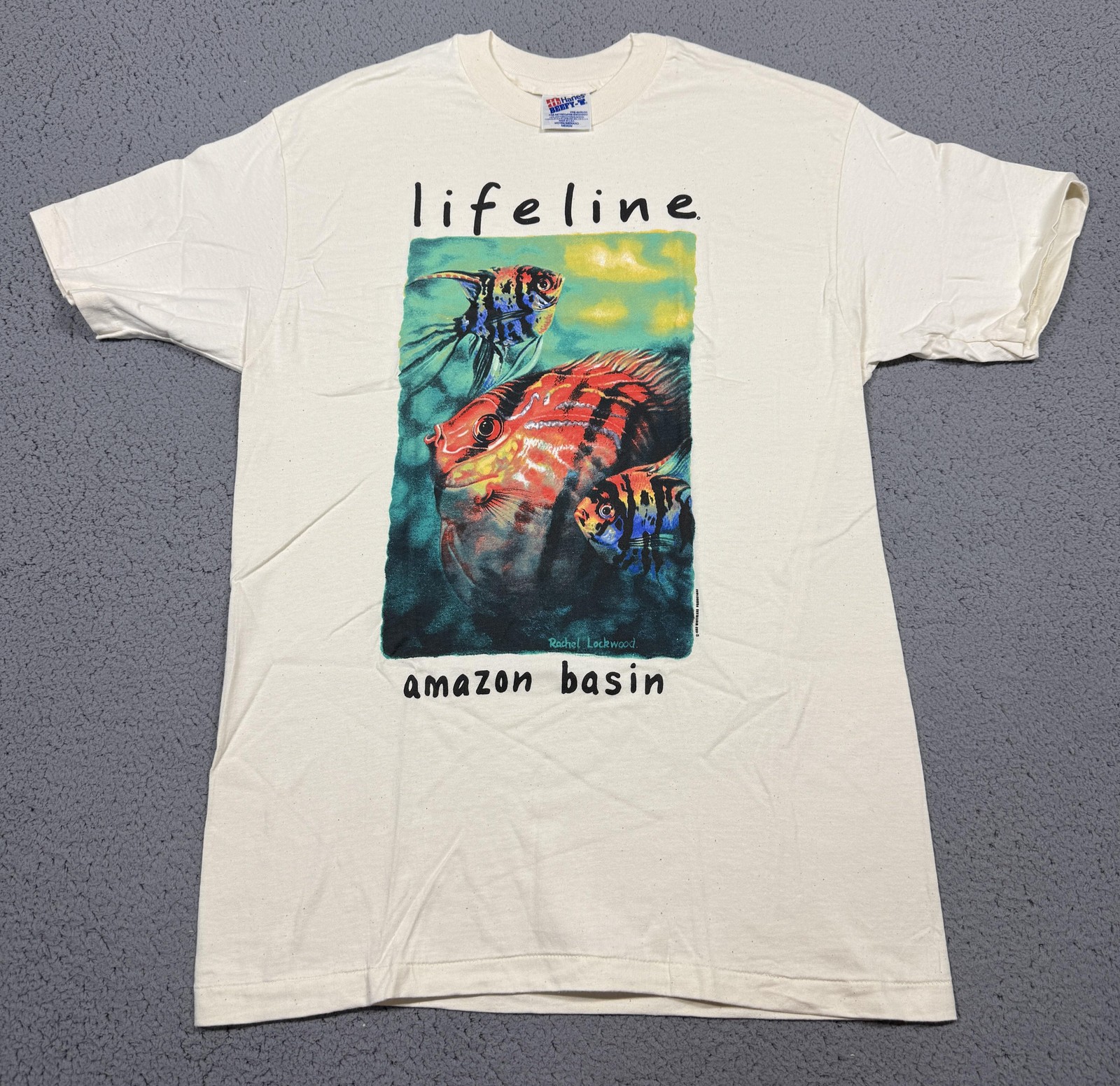 VTG Hanes Lifeline Amazon Basin Shirt Mens Medium White Fish Graphic Tee USA