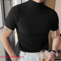 Mens Mock Turtleneck Pullover T-Shirt Knitted Sweater Slim Fit Short-Sleeve-Tee