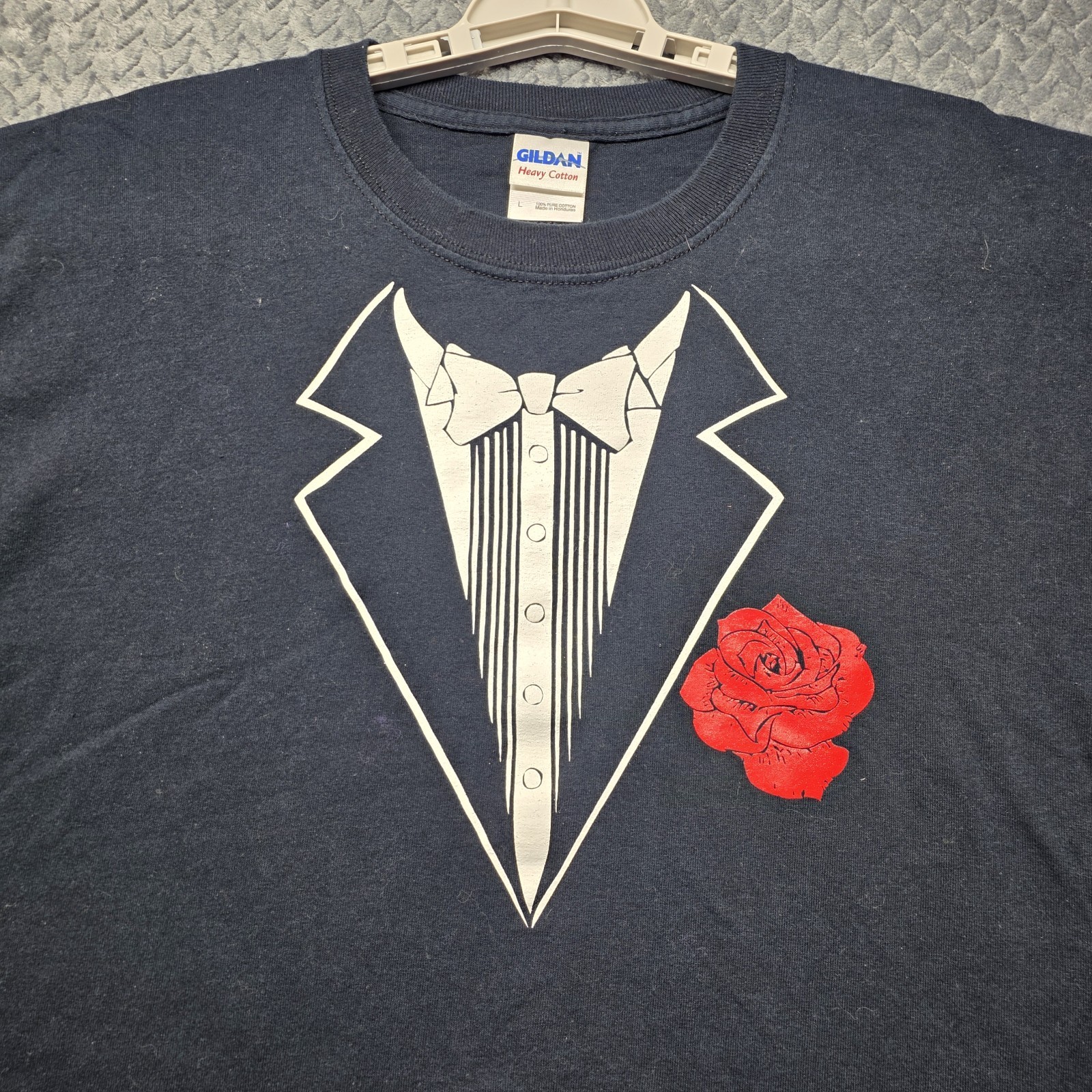 Tuxedo Graphic T-Shirt Men’s L Long Sleeve Black Gildan Heavy Cotton Red Rose gallery