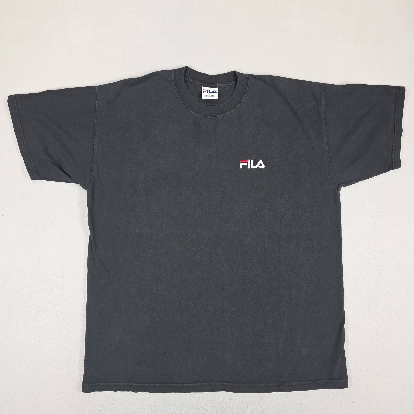 Vintage FILA Shirt Mens Large Black Faded Embroidered Logo Made in USA Sports gallery