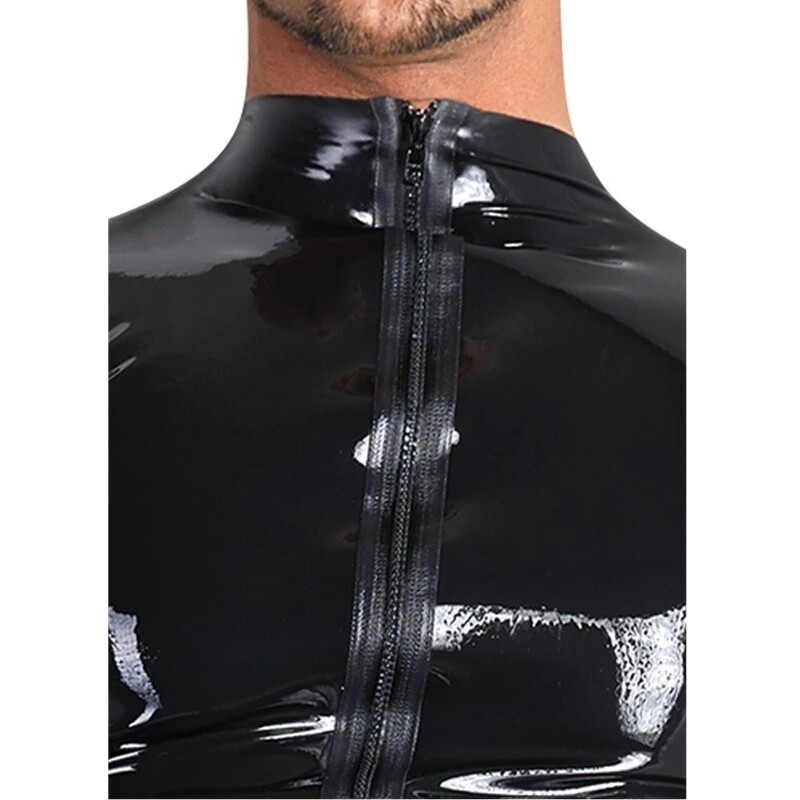 Sleeve Men T-shirt Top Zipper Clubwear Vest Costume PVC Leather Underwear Long gallery