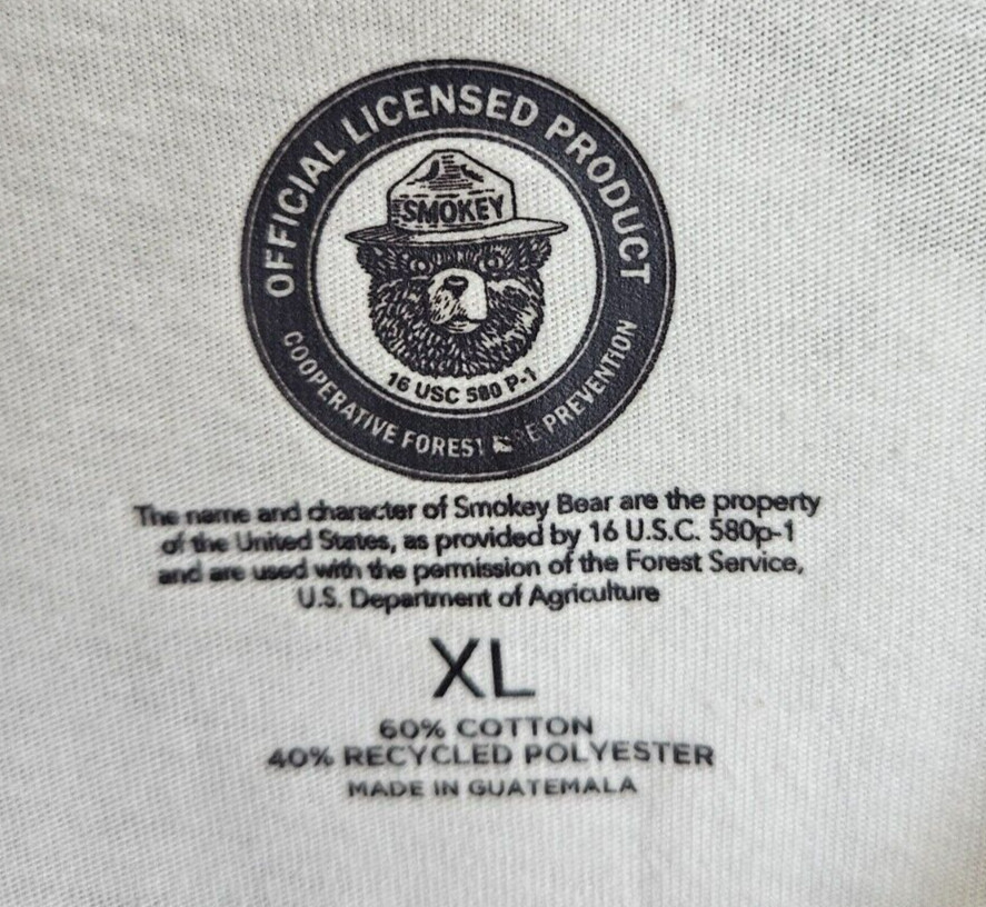 SMOKEY THE BEAR UNISEX T-SHIRT CREW NECK STRAIGHT HEMLINE WHITE SIZE XL #4178 gallery