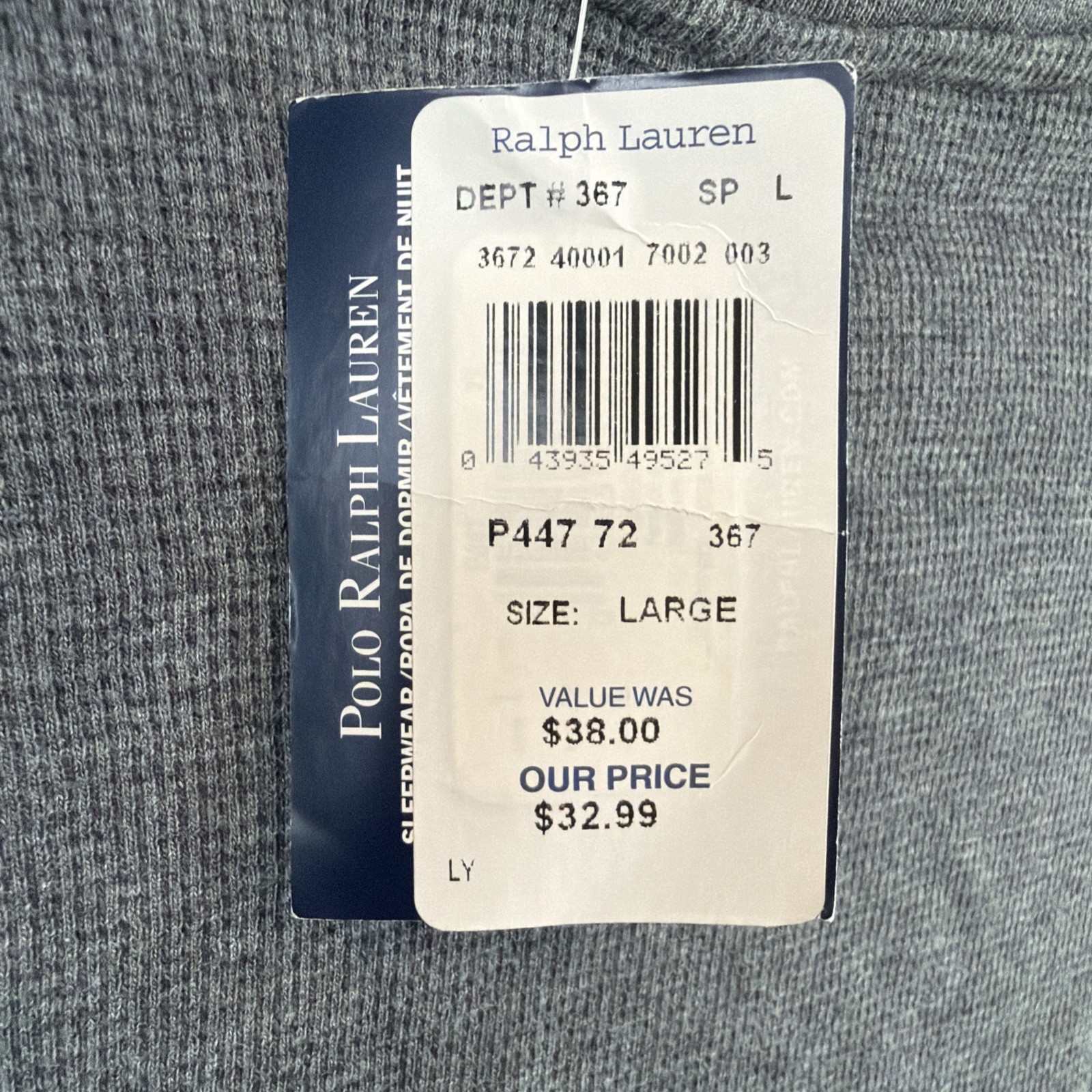 Polo Ralph Lauren Sleepwear Men Shirt L Thermal Waffle-Knit Long Sleeve Gray NWT gallery