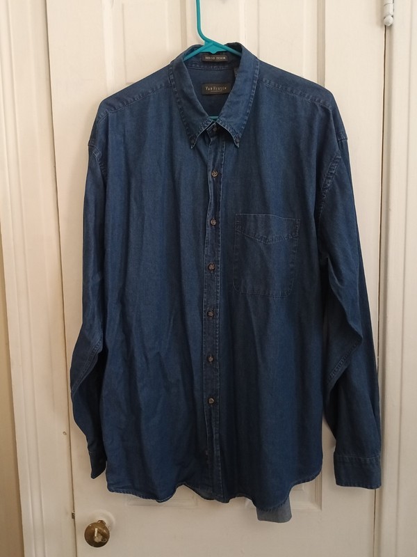 Van Heusen L 16 16.5 Shirt Mens Denim Work Casual Pocket Button Down Blue L/S B5